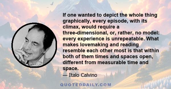 If one wanted to depict the whole thing graphically, every episode, with its climax, would require a three-dimensional, or, rather, no model: every experience is unrepeatable. What makes lovemaking and reading resemble