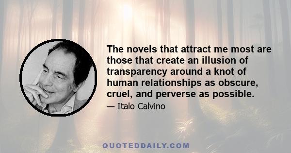 The novels that attract me most are those that create an illusion of transparency around a knot of human relationships as obscure, cruel, and perverse as possible.