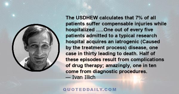 The USDHEW calculates that 7% of all patients suffer compensable injuries while hospitalized .....One out of every five patients admitted to a typical research hospital acquires an iatrogenic (Caused by the treatment