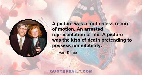 A picture was a motionless record of motion. An arrested representation of life. A picture was the kiss of death pretending to possess immutability.