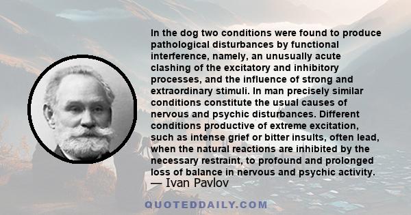 In the dog two conditions were found to produce pathological disturbances by functional interference, namely, an unusually acute clashing of the excitatory and inhibitory processes, and the influence of strong and