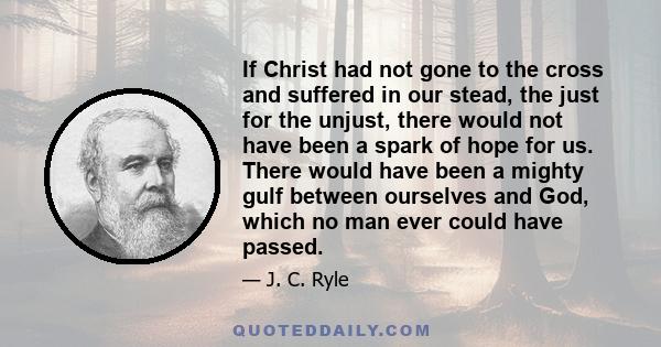 If Christ had not gone to the cross and suffered in our stead, the just for the unjust, there would not have been a spark of hope for us. There would have been a mighty gulf between ourselves and God, which no man ever