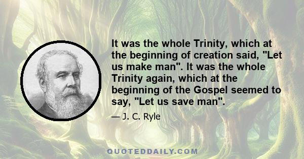 It was the whole Trinity, which at the beginning of creation said, Let us make man. It was the whole Trinity again, which at the beginning of the Gospel seemed to say, Let us save man.