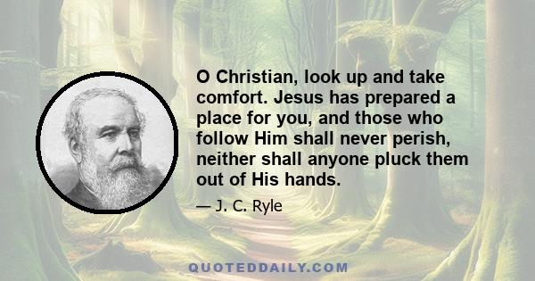 O Christian, look up and take comfort. Jesus has prepared a place for you, and those who follow Him shall never perish, neither shall anyone pluck them out of His hands.