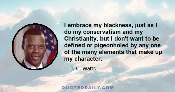 I embrace my blackness, just as I do my conservatism and my Christianity, but I don't want to be defined or pigeonholed by any one of the many elements that make up my character.