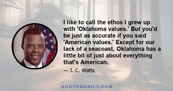 I like to call the ethos I grew up with 'Oklahoma values.' But you'd be just as accurate if you said 'American values.' Except for our lack of a seacoast, Oklahoma has a little bit of just about everything that's