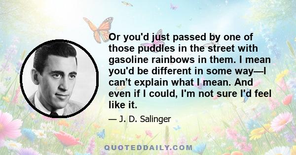 Or you'd just passed by one of those puddles in the street with gasoline rainbows in them. I mean you'd be different in some way—I can't explain what I mean. And even if I could, I'm not sure I'd feel like it.