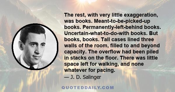 The rest, with very little exaggeration, was books. Meant-to-be-picked-up books. Permanently-left-behind books. Uncertain-what-to-do-with books. But books, books. Tall cases lined three walls of the room, filled to and