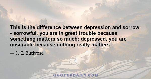 This is the difference between depression and sorrow - sorrowful, you are in great trouble because something matters so much; depressed, you are miserable because nothing really matters.