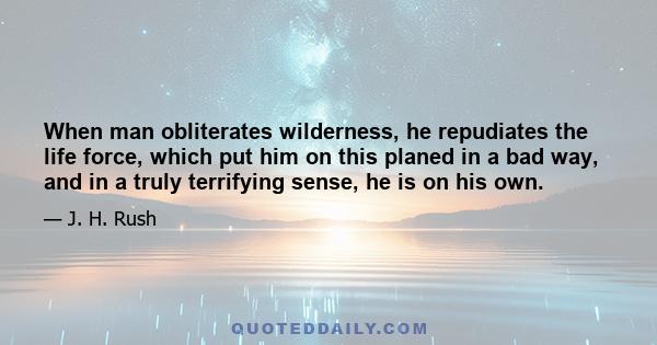 When man obliterates wilderness, he repudiates the life force, which put him on this planed in a bad way, and in a truly terrifying sense, he is on his own.