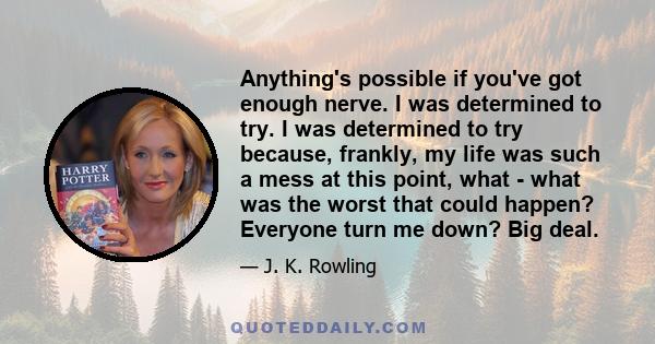 Anything's possible if you've got enough nerve. I was determined to try. I was determined to try because, frankly, my life was such a mess at this point, what - what was the worst that could happen? Everyone turn me