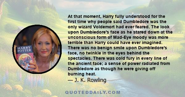 At that moment, Harry fully understood for the first time why people said Dumbledore was the only wizard Voldemort had ever feared. The look upon Dumbledore's face as he stared down at the unconscious form of Mad-Eye