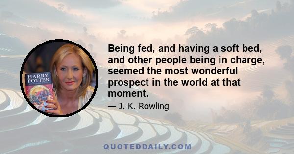 Being fed, and having a soft bed, and other people being in charge, seemed the most wonderful prospect in the world at that moment.