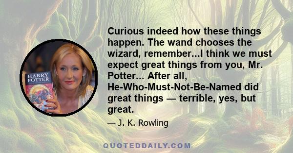 Curious indeed how these things happen. The wand chooses the wizard, remember...I think we must expect great things from you, Mr. Potter... After all, He-Who-Must-Not-Be-Named did great things — terrible, yes, but great.