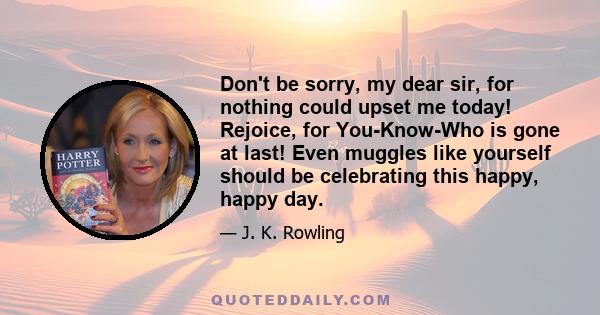 Don't be sorry, my dear sir, for nothing could upset me today! Rejoice, for You-Know-Who is gone at last! Even muggles like yourself should be celebrating this happy, happy day.