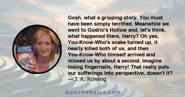 Gosh, what a gripping story. You must have been simply terrified. Meanwhile we went to Godric's Hollow and, let's think, what happened there, Harry? Oh yes, You-Know-Who's snake turned up, it nearly killed both of us,