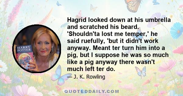 Hagrid looked down at his umbrella and scratched his beard. 'Shouldn'ta lost me temper,' he said ruefully, 'but it didn't work anyway. Meant ter turn him into a pig, but I suppose he was so much like a pig anyway there