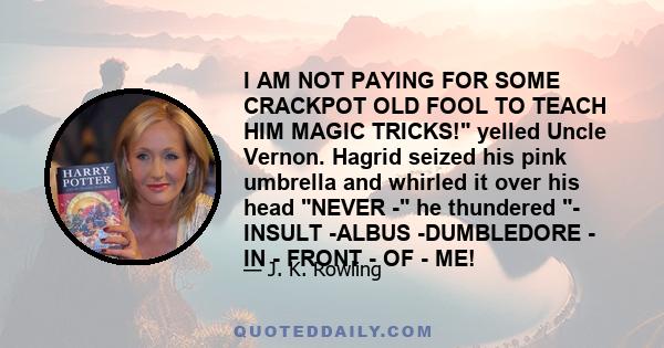 I AM NOT PAYING FOR SOME CRACKPOT OLD FOOL TO TEACH HIM MAGIC TRICKS! yelled Uncle Vernon. Hagrid seized his pink umbrella and whirled it over his head NEVER - he thundered - INSULT -ALBUS -DUMBLEDORE - IN - FRONT - OF