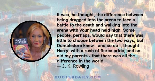 It was, he thought, the difference between being dragged into the arena to face a battle to the death and walking into the arena with your head held high. Some people, perhaps, would say that there was little to choose