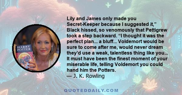 Lily and James only made you Secret-Keeper because I suggested it,” Black hissed, so venomously that Pettigrew took a step backward. “I thought it was the perfect plan... a bluff... Voldemort would be sure to come after 