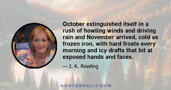 October extinguished itself in a rush of howling winds and driving rain and November arrived, cold as frozen iron, with hard frosts every morning and icy drafts that bit at exposed hands and faces.