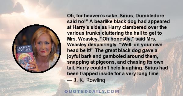 Oh, for heaven’s sake, Sirius, Dumbledore said no!” A bearlike black dog had appeared at Harry’s side as Harry clambered over the various trunks cluttering the hall to get to Mrs. Weasley. “Oh honestly,” said Mrs.