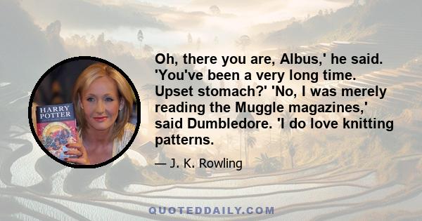 Oh, there you are, Albus,' he said. 'You've been a very long time. Upset stomach?' 'No, I was merely reading the Muggle magazines,' said Dumbledore. 'I do love knitting patterns.