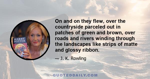 On and on they flew, over the countryside parceled out in patches of green and brown, over roads and rivers winding through the landscapes like strips of matte and glossy ribbon.