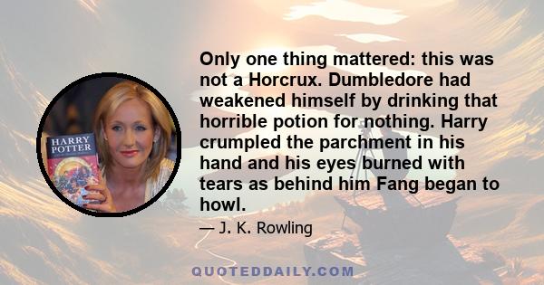 Only one thing mattered: this was not a Horcrux. Dumbledore had weakened himself by drinking that horrible potion for nothing. Harry crumpled the parchment in his hand and his eyes burned with tears as behind him Fang