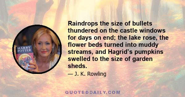 Raindrops the size of bullets thundered on the castle windows for days on end; the lake rose, the flower beds turned into muddy streams, and Hagrid’s pumpkins swelled to the size of garden sheds.