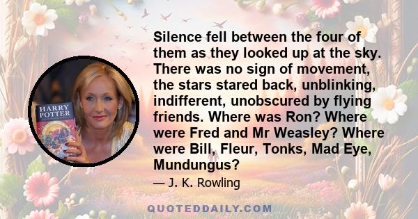 Silence fell between the four of them as they looked up at the sky. There was no sign of movement, the stars stared back, unblinking, indifferent, unobscured by flying friends. Where was Ron? Where were Fred and Mr