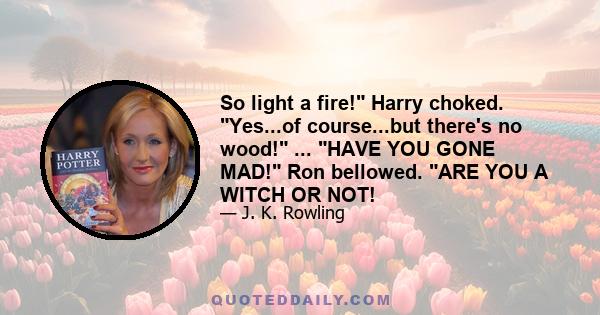 So light a fire! Harry choked. Yes...of course...but there's no wood! ... HAVE YOU GONE MAD! Ron bellowed. ARE YOU A WITCH OR NOT!