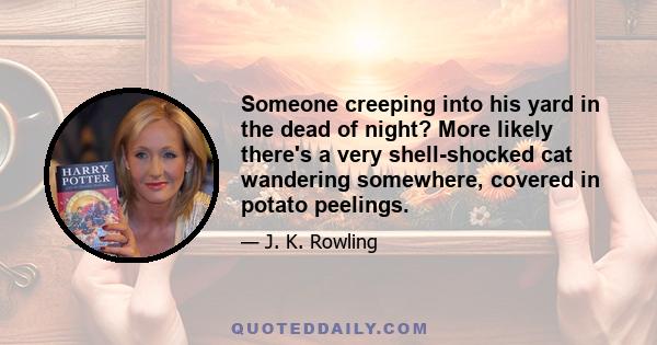 Someone creeping into his yard in the dead of night? More likely there's a very shell-shocked cat wandering somewhere, covered in potato peelings.