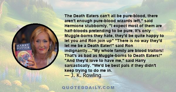 The Death Eaters can't all be pure-blood, there aren't enough pure-blood wizards left, said Hermione stubbornly. I expect most of them are half-bloods pretending to be pure. It's only Muggle-borns they hate, they'd be