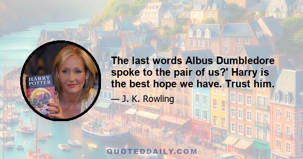 The last words Albus Dumbledore spoke to the pair of us?' Harry is the best hope we have. Trust him.