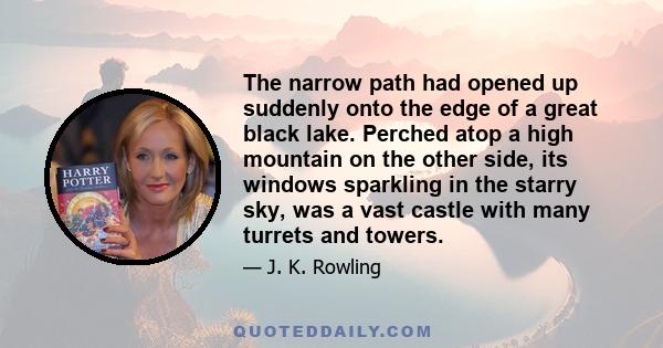 The narrow path had opened up suddenly onto the edge of a great black lake. Perched atop a high mountain on the other side, its windows sparkling in the starry sky, was a vast castle with many turrets and towers.