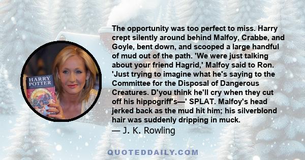 The opportunity was too perfect to miss. Harry crept silently around behind Malfoy, Crabbe, and Goyle, bent down, and scooped a large handful of mud out of the path. 'We were just talking about your friend Hagrid,'