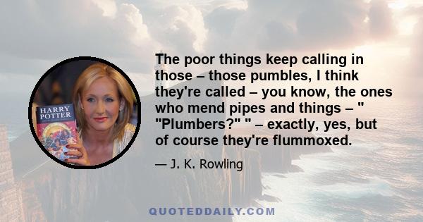 The poor things keep calling in those – those pumbles, I think they're called – you know, the ones who mend pipes and things –  Plumbers?  – exactly, yes, but of course they're flummoxed.