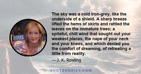 The sky was a cold iron-grey, like the underside of a shield. A sharp breeze lifted the hems of skirts and rattled the leaves on the immature trees; a spiteful, chill wind that sought out your weakest places, the nape