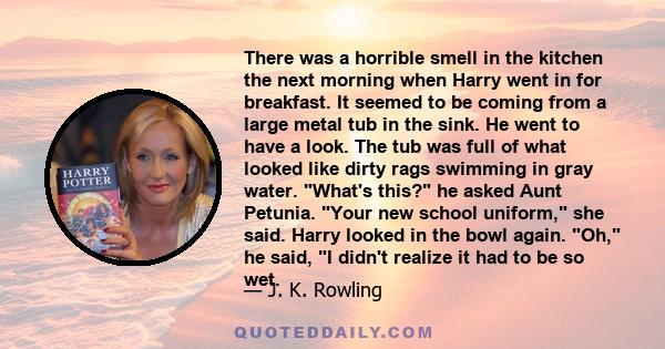 There was a horrible smell in the kitchen the next morning when Harry went in for breakfast. It seemed to be coming from a large metal tub in the sink. He went to have a look. The tub was full of what looked like dirty