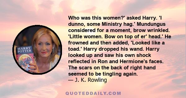 Who was this women?' asked Harry. 'I dunno, some Ministry hag.' Mundungus considered for a moment, brow wrinkled. 'Little women. Bow on top of er' head.' He frowned and then added, 'Looked like a toad.' Harry dropped