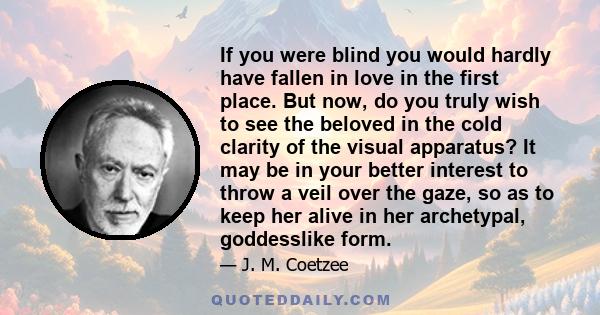 If you were blind you would hardly have fallen in love in the first place. But now, do you truly wish to see the beloved in the cold clarity of the visual apparatus? It may be in your better interest to throw a veil