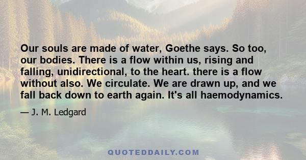 Our souls are made of water, Goethe says. So too, our bodies. There is a flow within us, rising and falling, unidirectional, to the heart. there is a flow without also. We circulate. We are drawn up, and we fall back