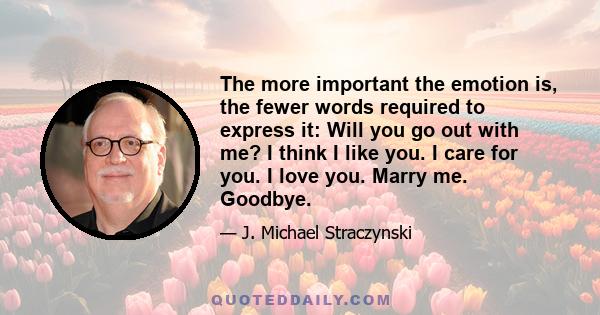 The more important the emotion is, the fewer words required to express it: Will you go out with me? I think I like you. I care for you. I love you. Marry me. Goodbye.