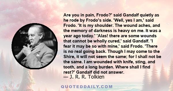 Are you in pain, Frodo?' said Gandalf quietly as he rode by Frodo's side. 'Well, yes I am,' said Frodo. 'It is my shoulder. The wound aches, and the memory of darkness is heavy on me. It was a year ago today.' 'Alas!