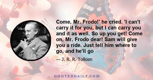 Come, Mr. Frodo!' he cried. 'I can't carry it for you, but I can carry you and it as well. So up you get! Come on, Mr. Frodo dear! Sam will give you a ride. Just tell him where to go, and he'll go