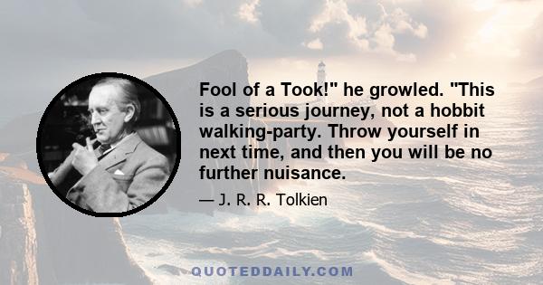 Fool of a Took! he growled. This is a serious journey, not a hobbit walking-party. Throw yourself in next time, and then you will be no further nuisance.