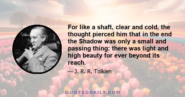 For like a shaft, clear and cold, the thought pierced him that in the end the Shadow was only a small and passing thing: there was light and high beauty for ever beyond its reach.