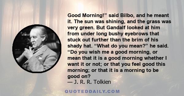 Good Morning!” said Bilbo, and he meant it. The sun was shining, and the grass was very green. But Gandalf looked at him from under long bushy eyebrows that stuck out further than the brim of his shady hat. “What do you 