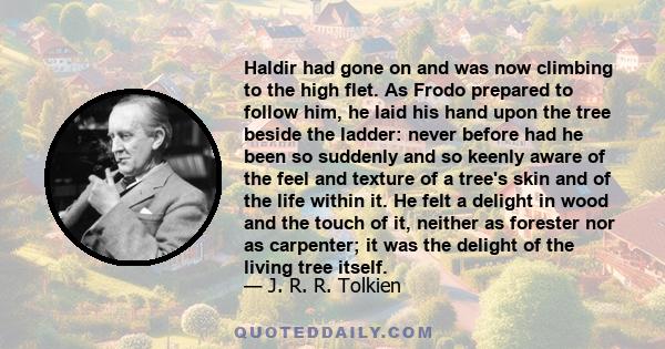 Haldir had gone on and was now climbing to the high flet. As Frodo prepared to follow him, he laid his hand upon the tree beside the ladder: never before had he been so suddenly and so keenly aware of the feel and